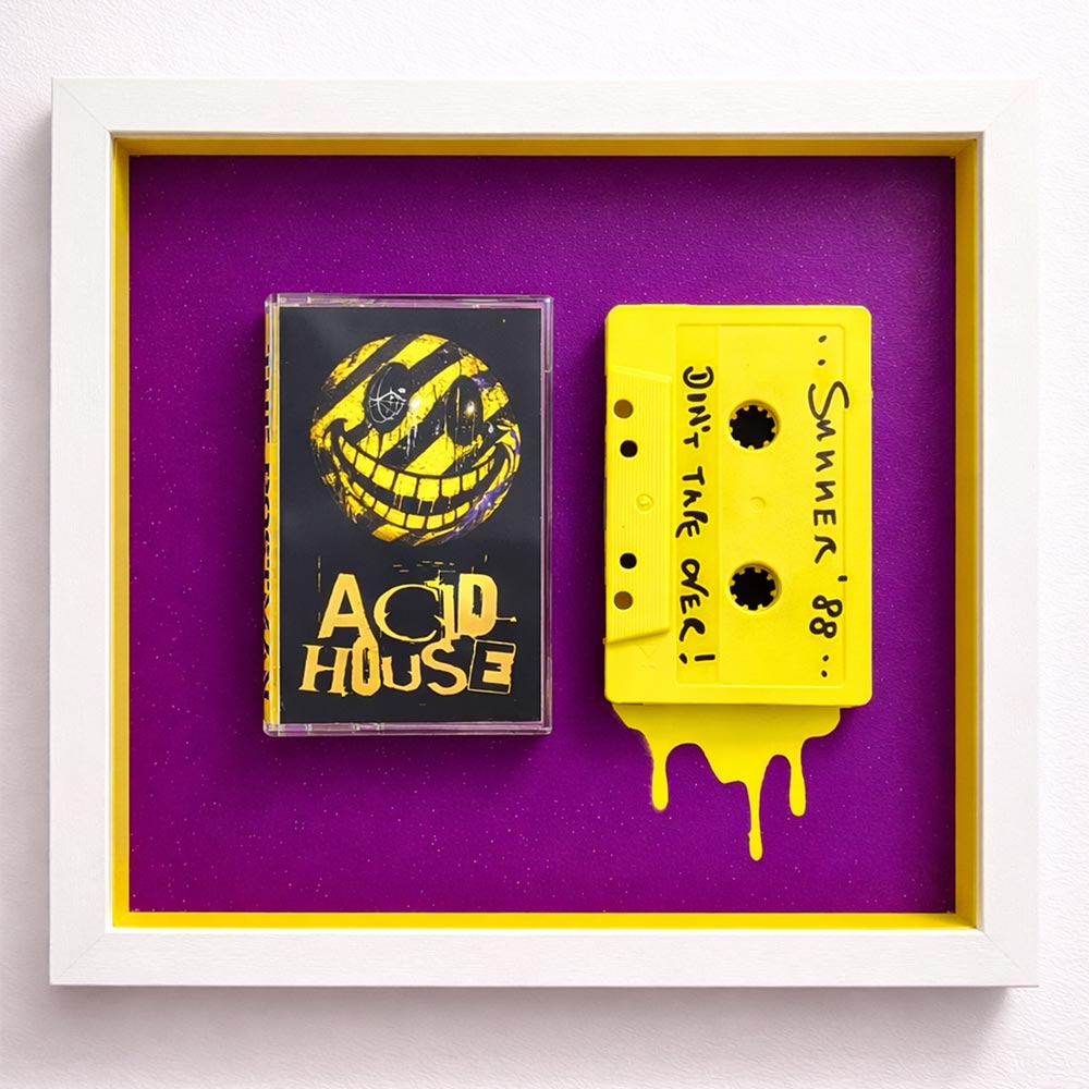 Acid House cassette artwork in a box frame with art glass.