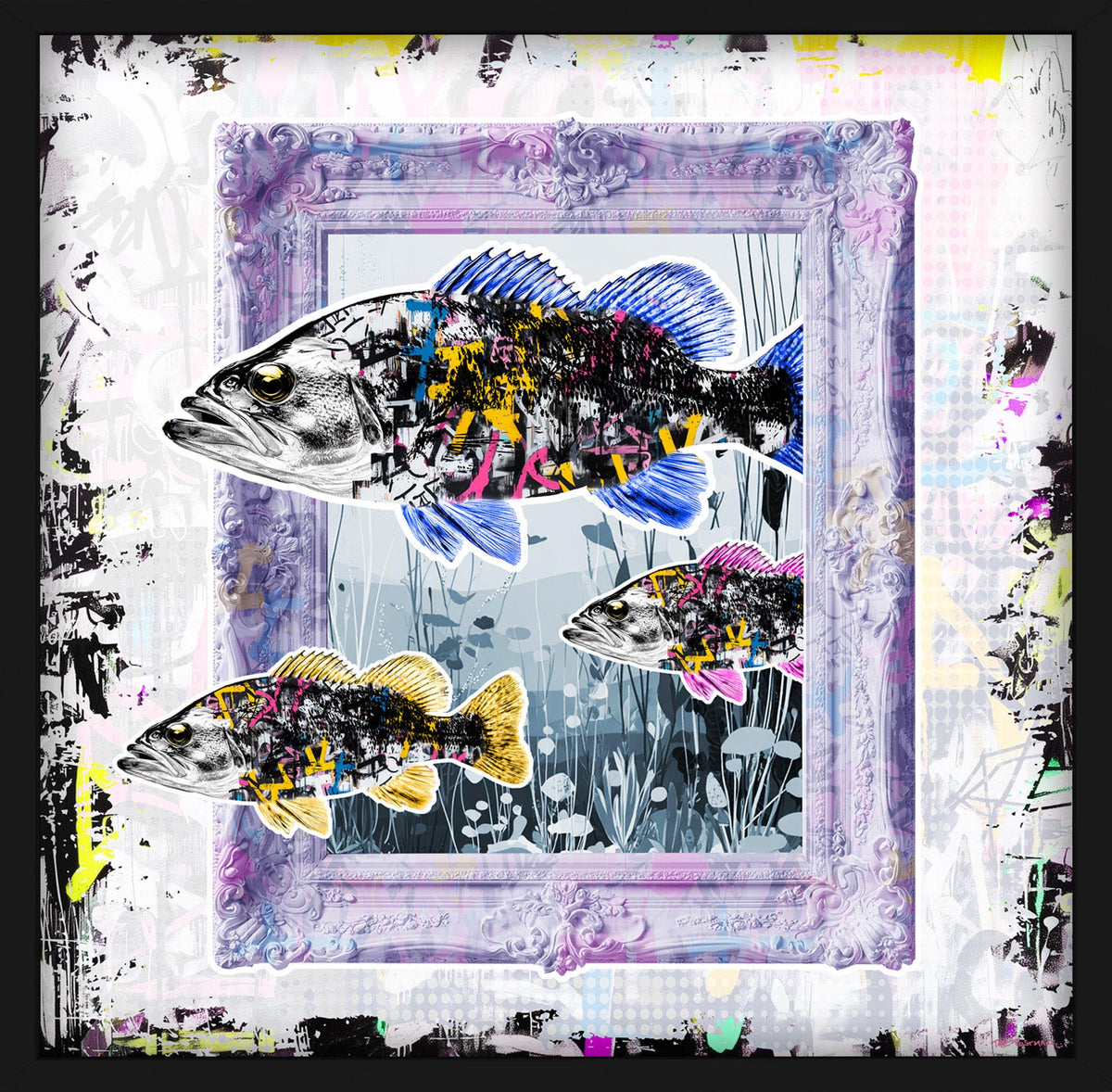 Bass framed artwork by THE POSTMAN, Nature of Healthcare series, Royal Sussex Cancer Centre collaboration