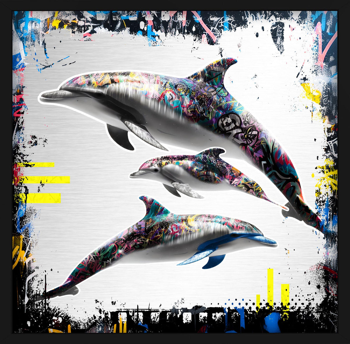 Dolphins framed artwork by THE POSTMAN, Nature of Healthcare series, Royal Sussex Cancer Centre collaboration