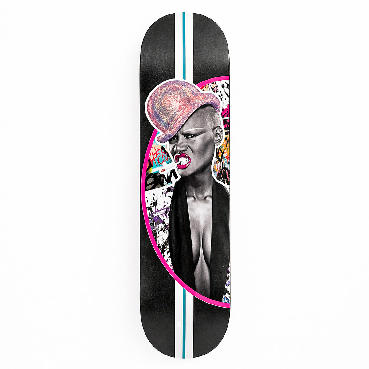 Hand-painted Grace skateboard wall art with paste-up portrait and spray paint — THE POSTMAN