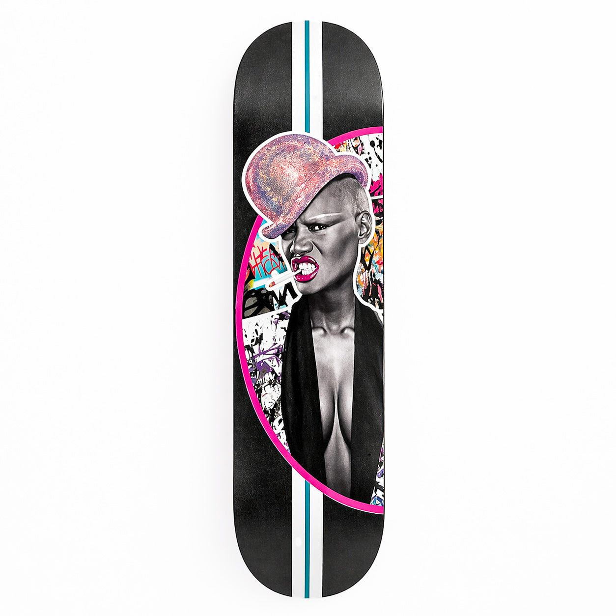 Hand-painted Grace skateboard wall art with paste-up portrait and spray paint — THE POSTMAN