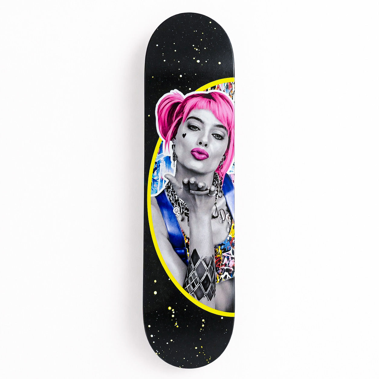 Hand-painted skateboard wall art with paste-up portrait and spray paint — THE POSTMAN