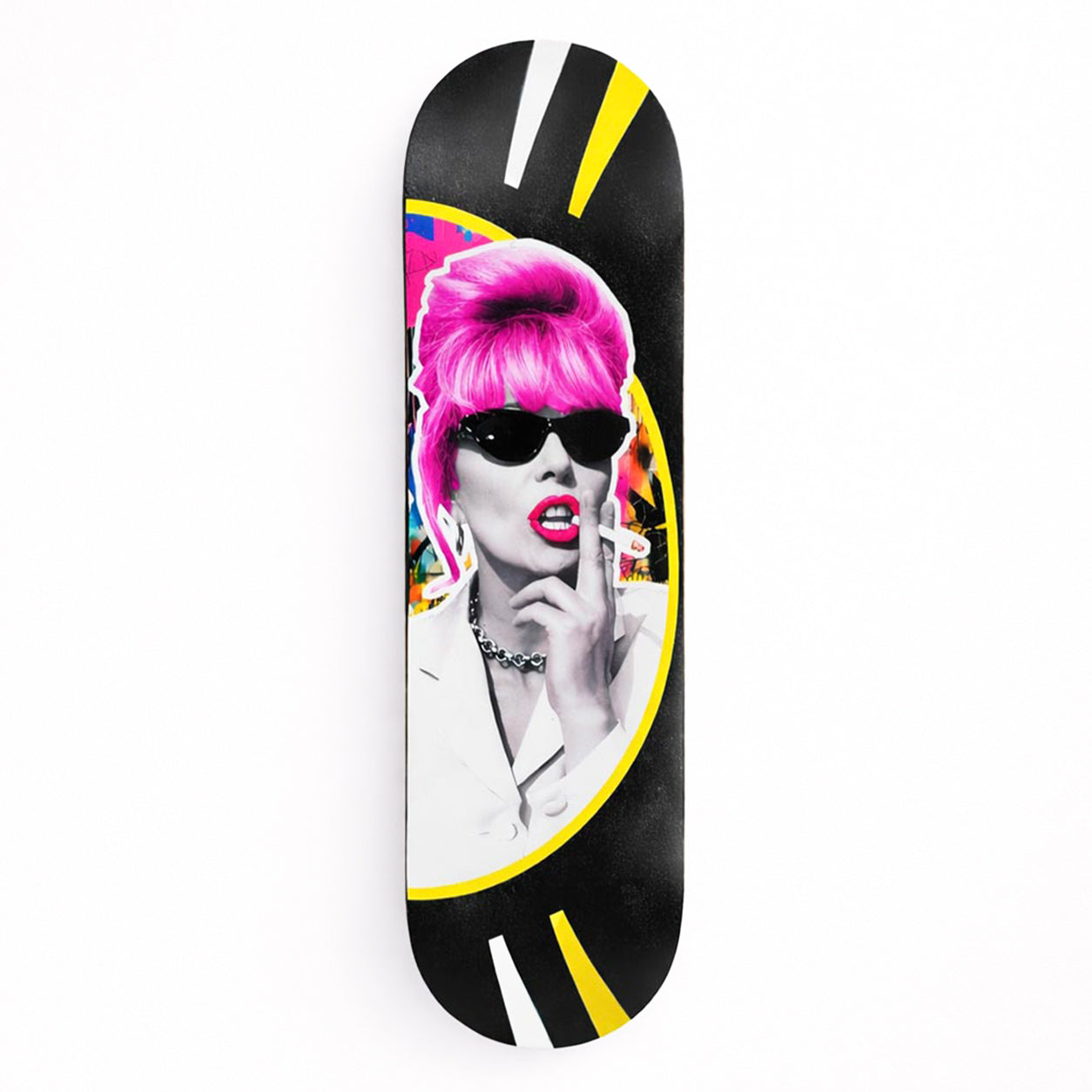 Hand-painted skateboard wall art of Patsy with paste-up portrait and spray paint — THE POSTMAN
