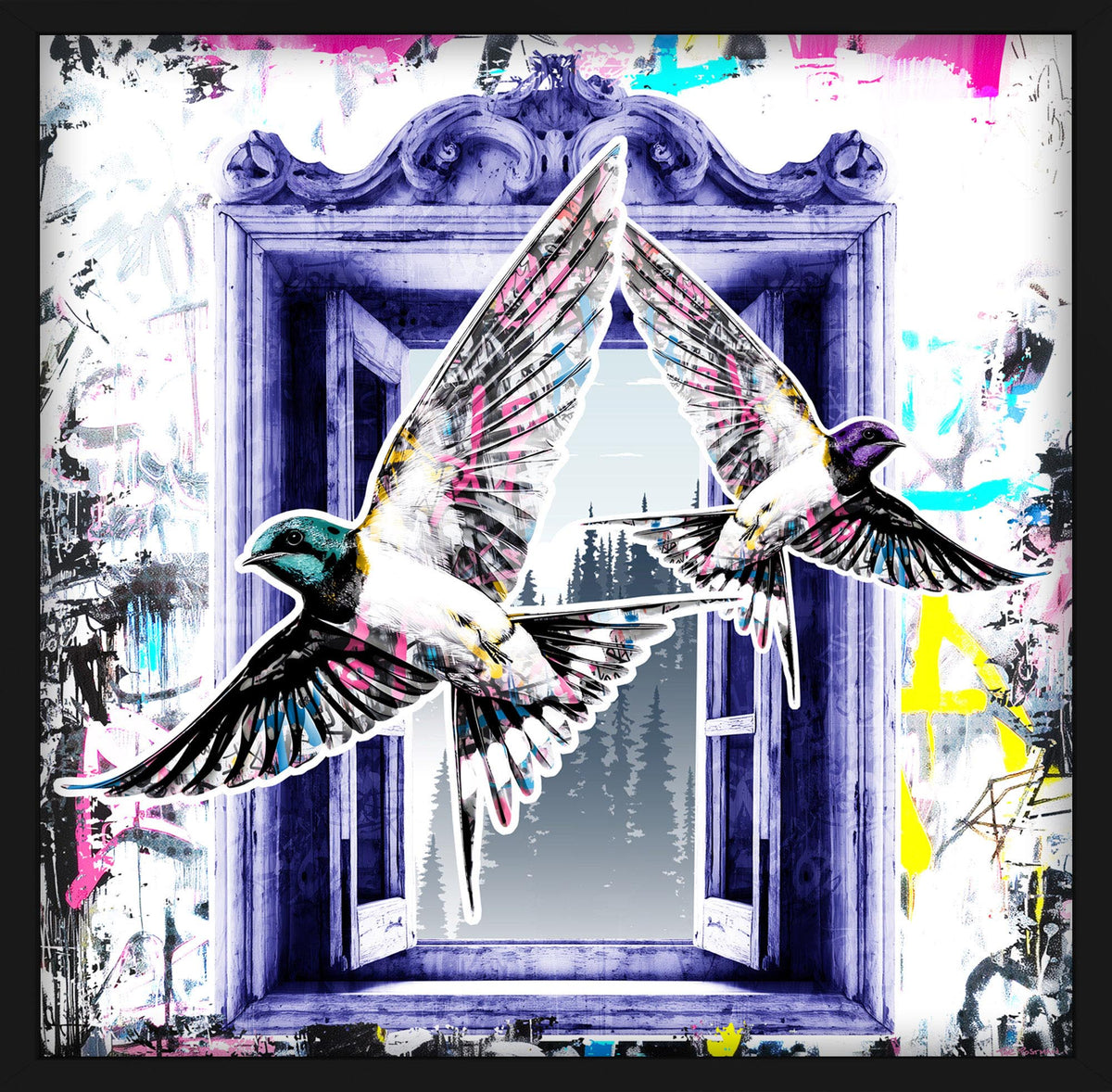 Swallows framed artwork by THE POSTMAN, Nature of Healthcare series, Royal Sussex Cancer Centre collaboration